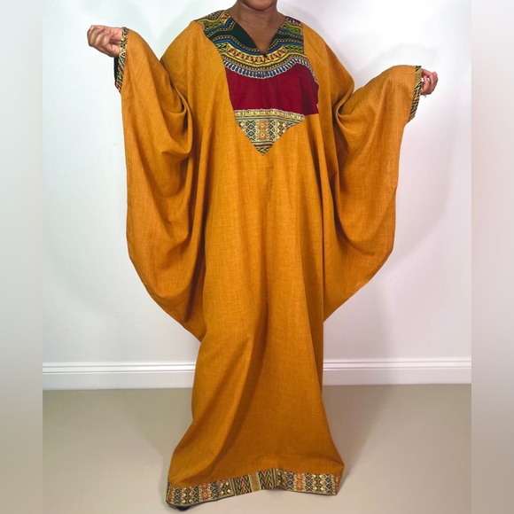 Handmade Burnt Yellow Dashiki Detail Maxi Kaftan Oversized Dress - Picture 8 of 12